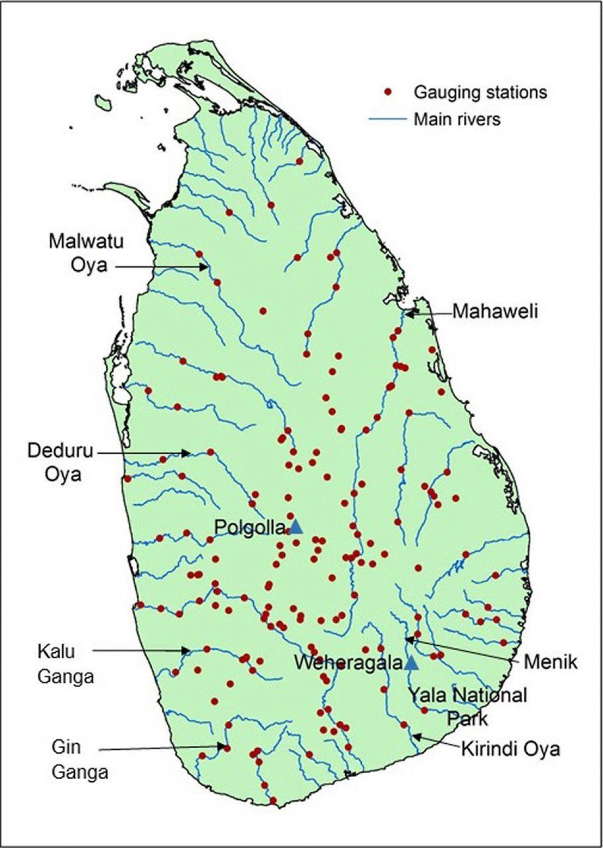 Sri Lanka belangrikste riviere kaart