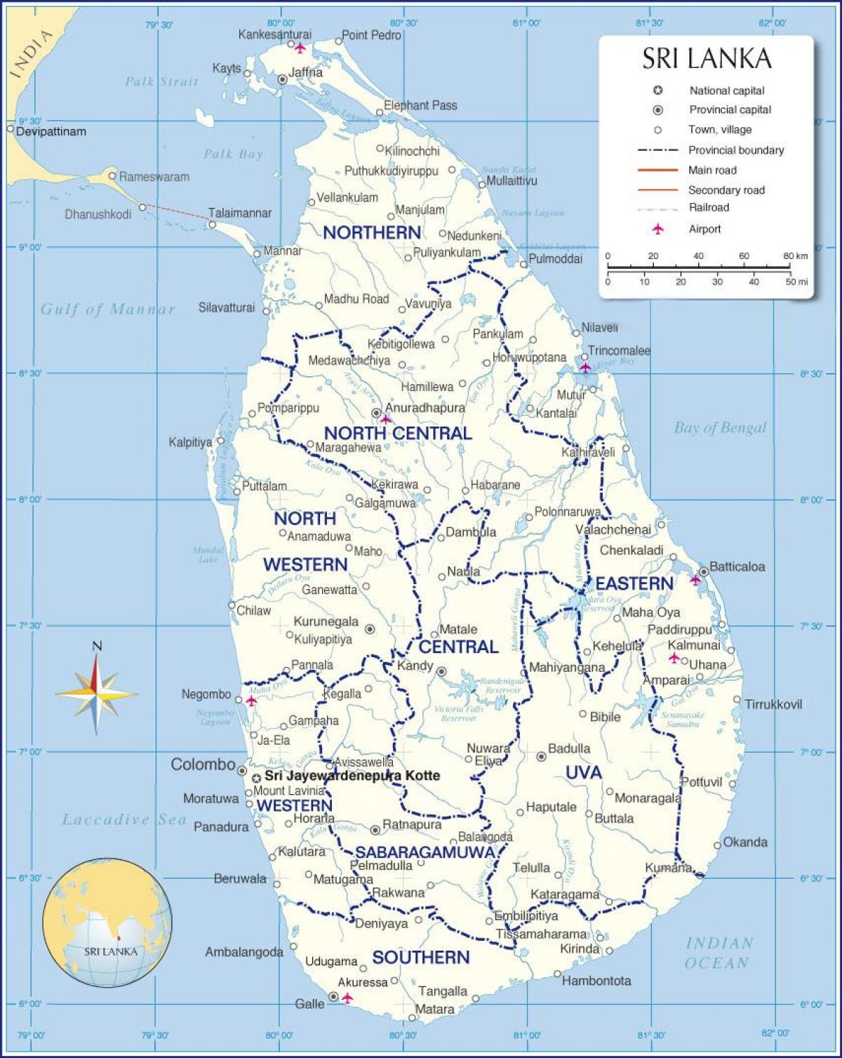 kaart van internasionale lughawens in Sri Lanka