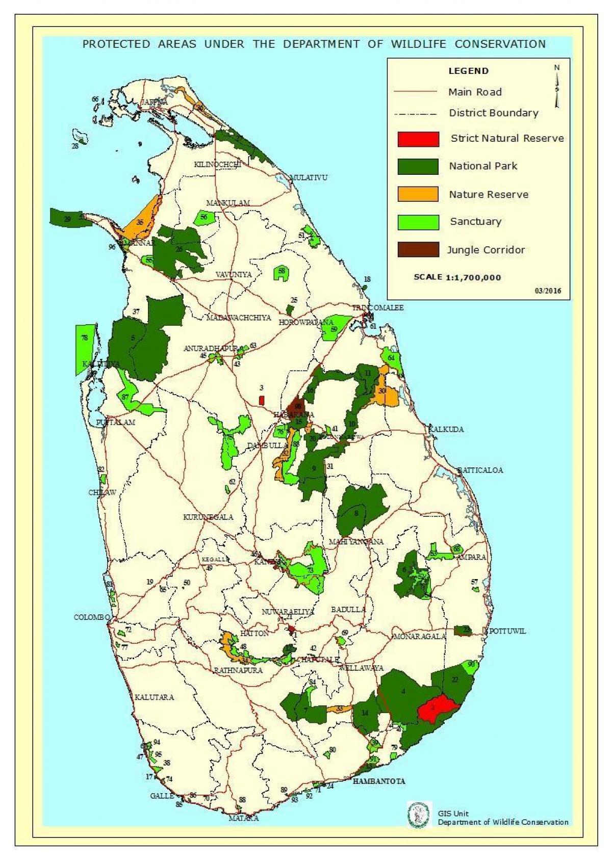 kaart van die nasionale parke in Sri Lanka