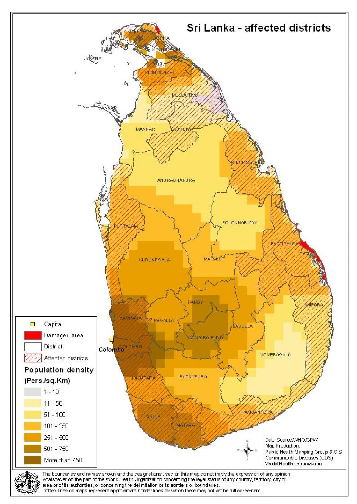 kaart van Sri Lanka bevolkingsdigtheid