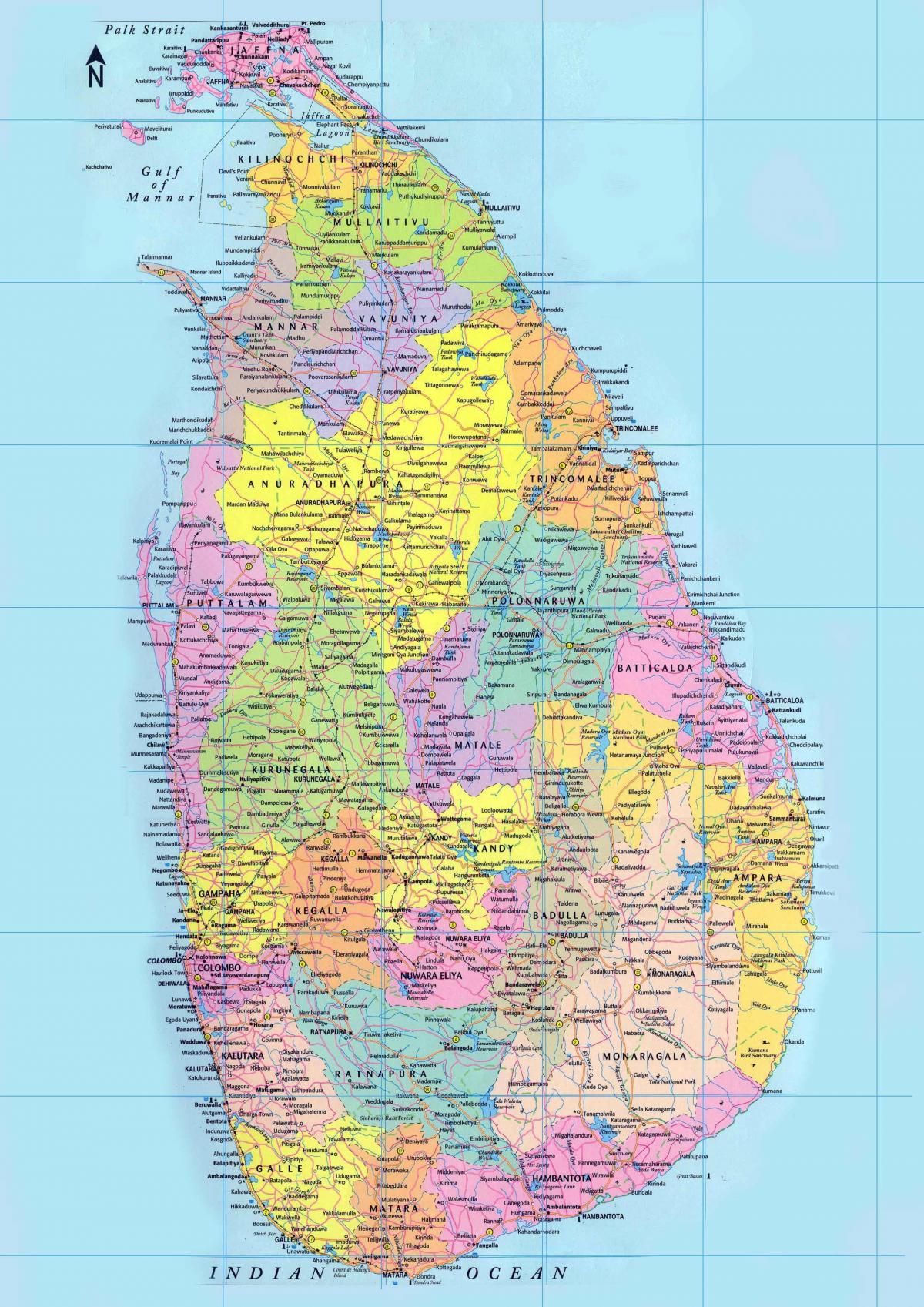 gedetailleerde kaart van Sri Lanka met paaie