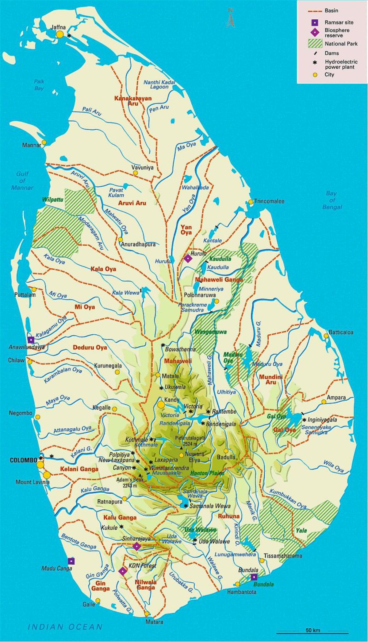 kaart van Sri Lanka reservoirs