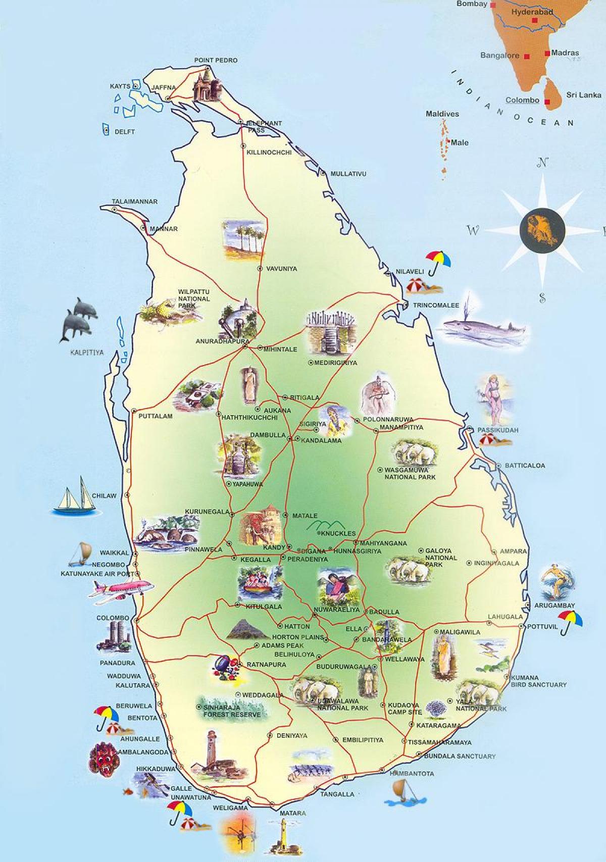 toeriste-aantreklikhede Sri Lanka kaart