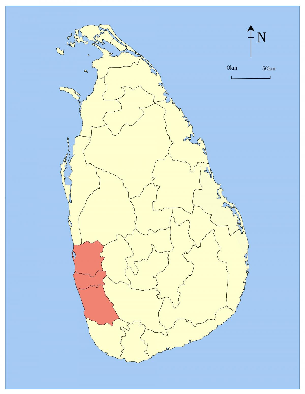 kaart van Sri Lanka westelike provinsie