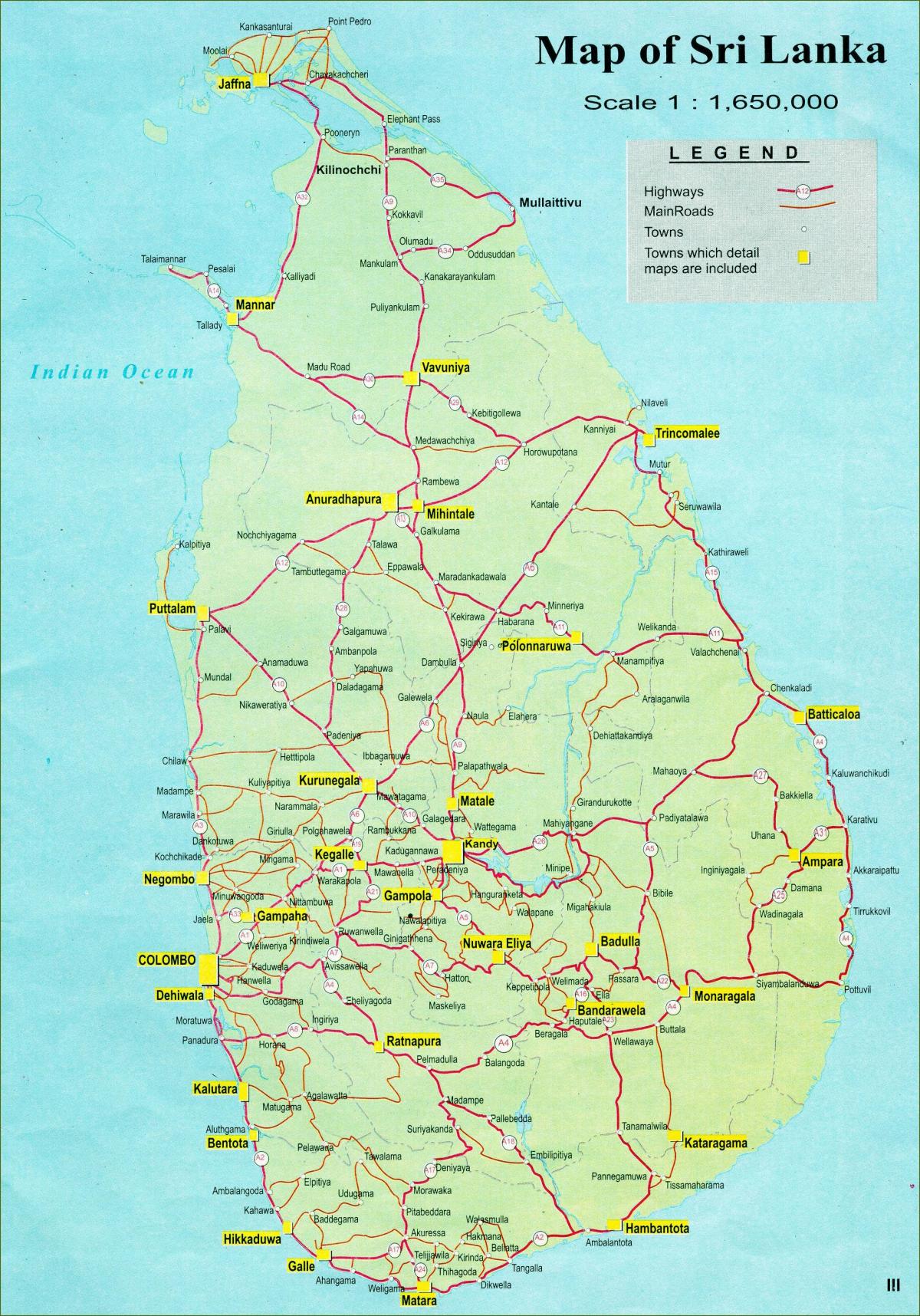 kaart van die toeriste kaart van Sri Lanka met die pad