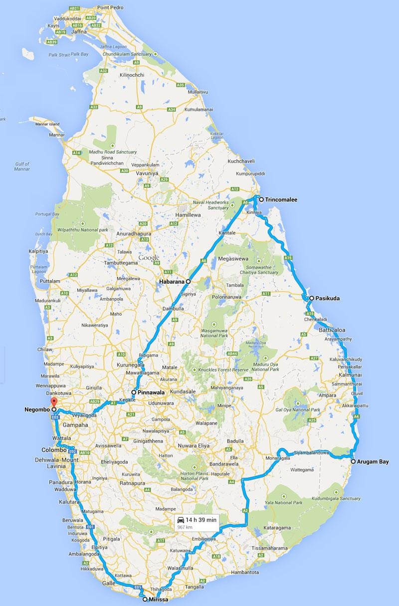 Sri Lanka beste strande kaart