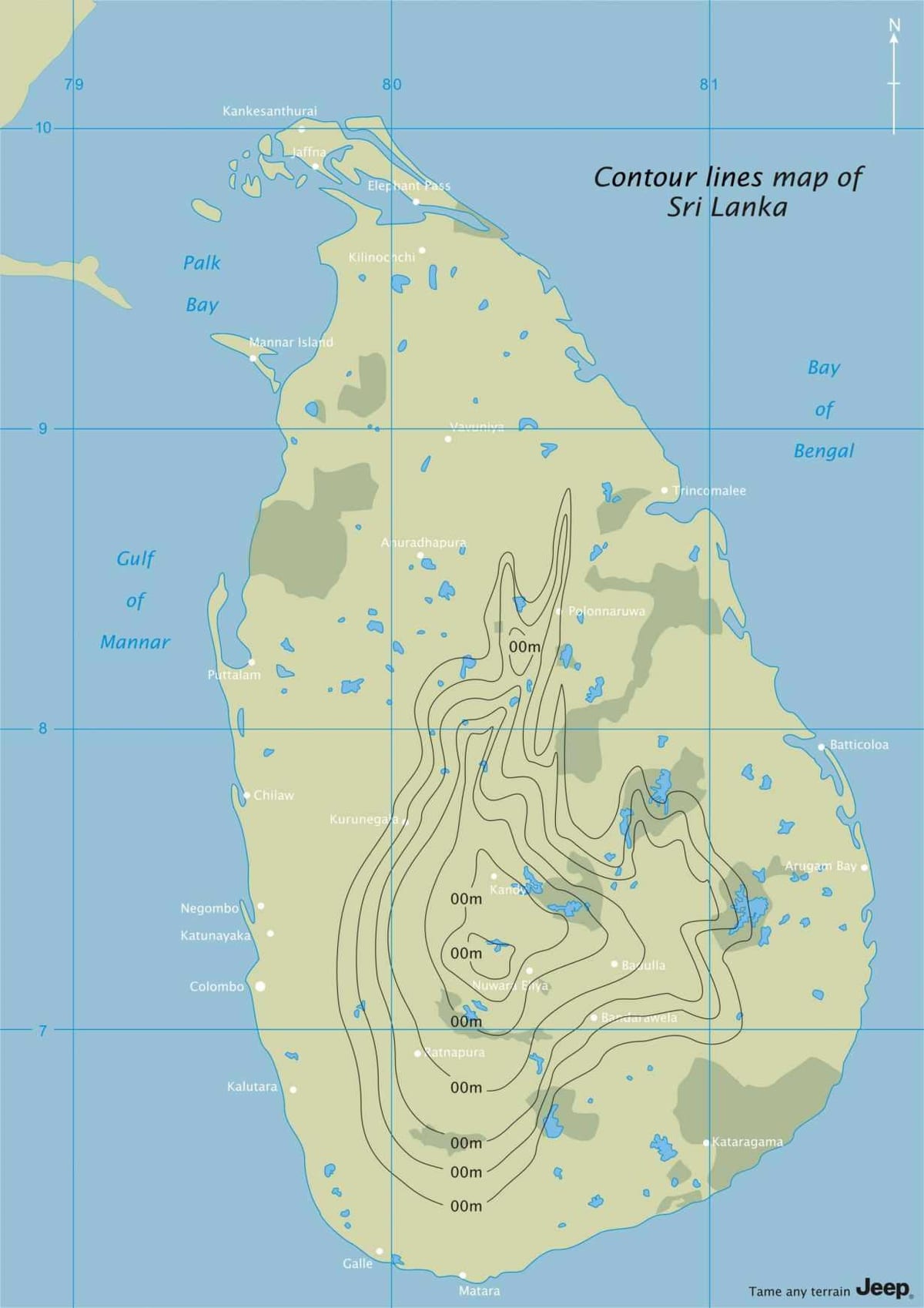 kaart van die kontoer kaart van Sri Lanka