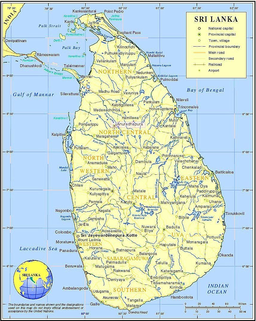 kaart van Sri Lanka historiese plekke