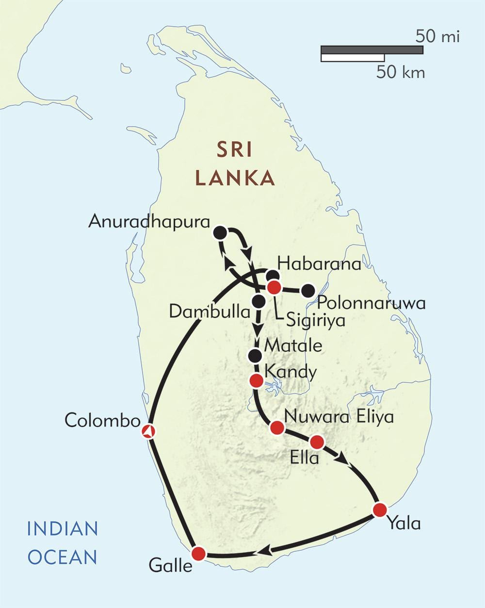 kaart van Sri Lanka roete