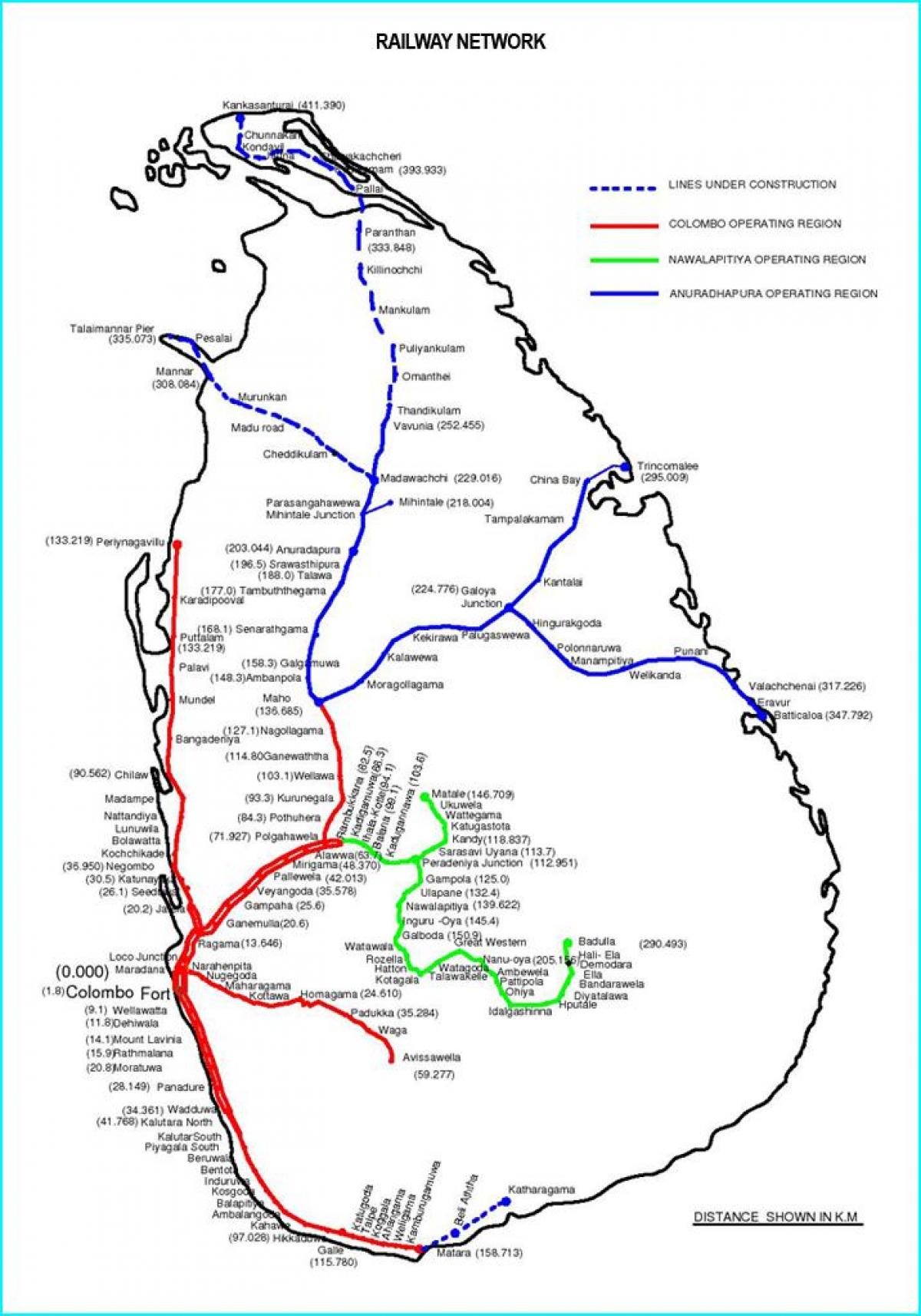 spoorweg roete kaart Sri Lanka