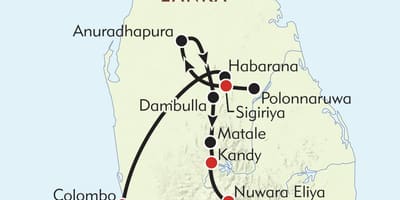 Kaart van Sri Lanka roete