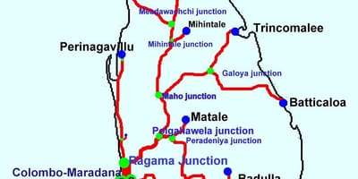 Kaart van Sri Lanka trein lyne